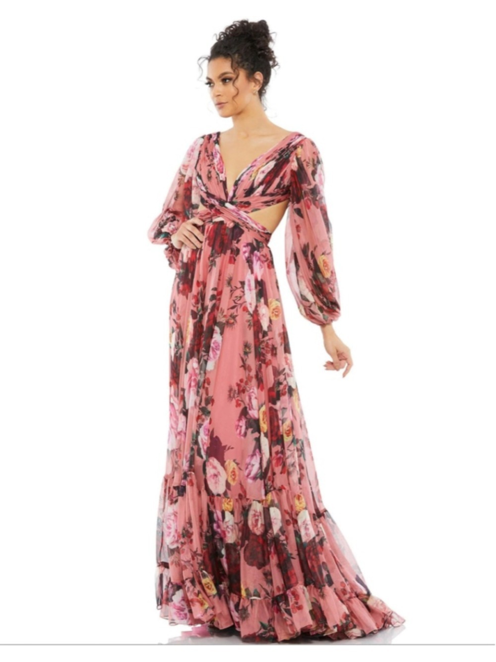 Women's Mac Duggal Maxi Dress Pink Floral Cutout Size 2